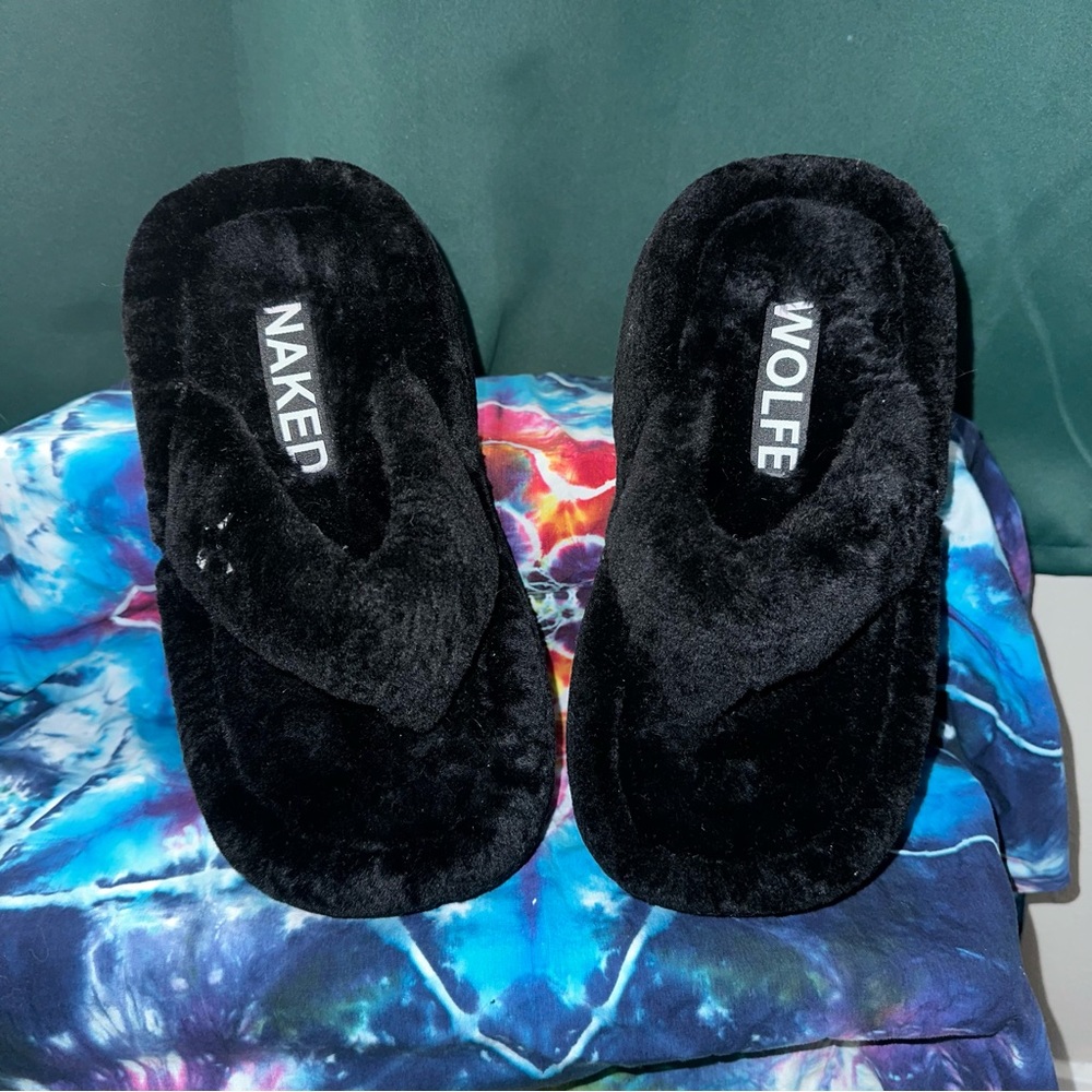 Naked Wolfe Dreamer Slipper Flip Flops Black Fur